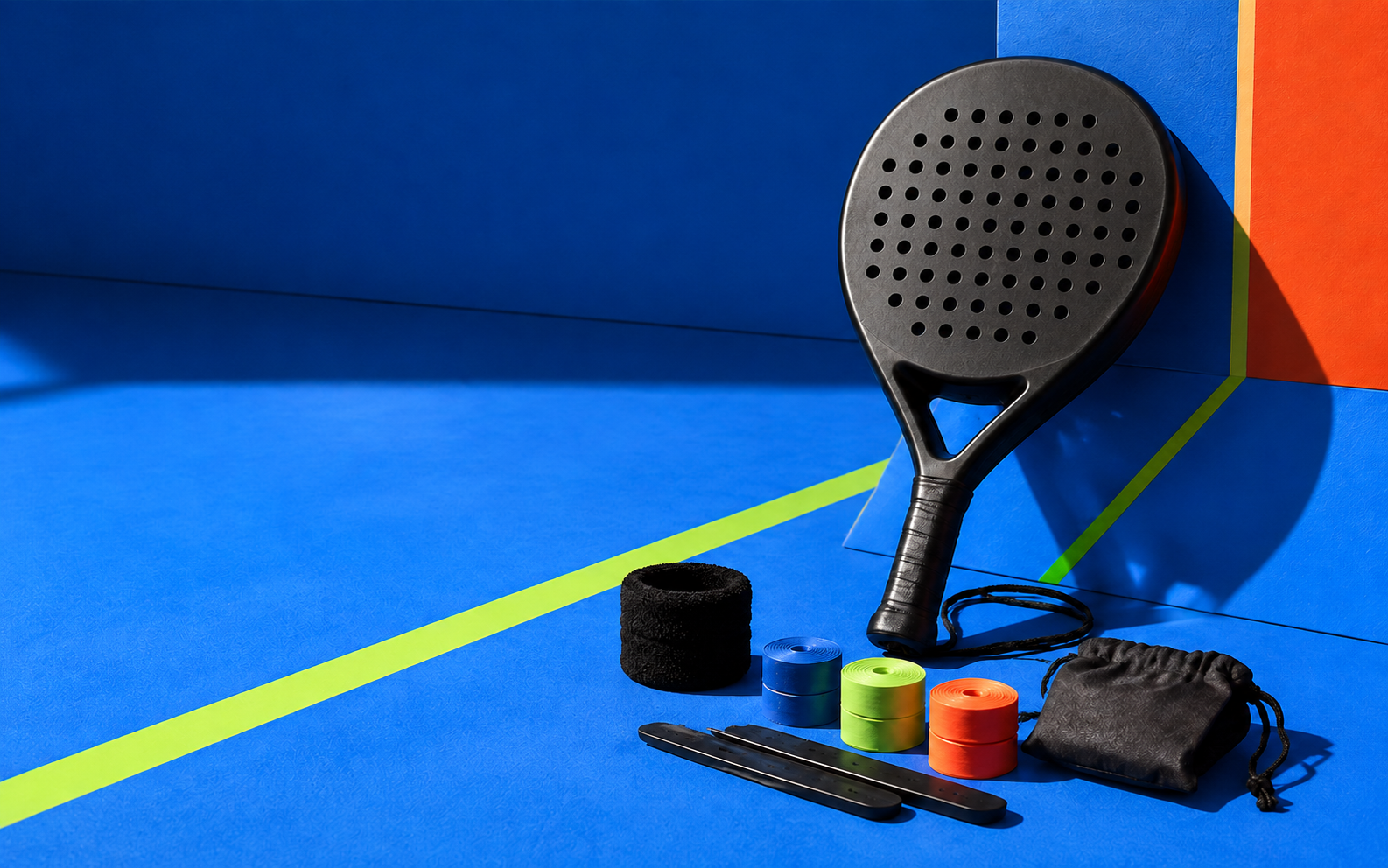 Black padel racket with colourful court accessories